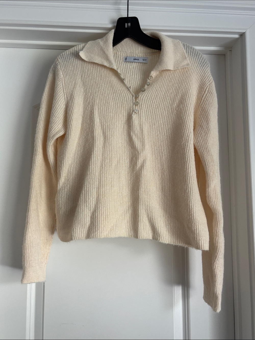Mango Cream Ribbed Pearl-Button Collared Sweater - Picture 1 of 4